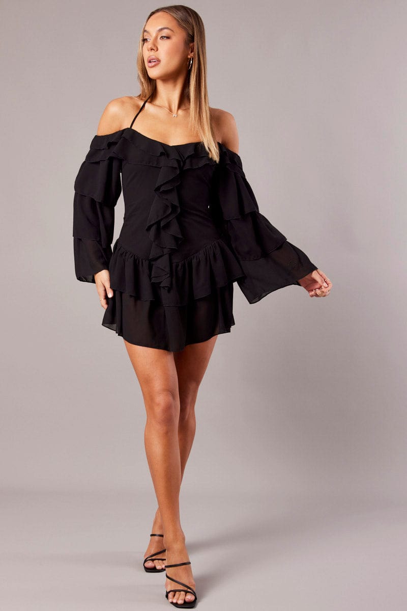 Black Ruffle Dress Bardot Layered Frill Sleeve Dress | Ally Fashion Black Ruffle Dress Bardot Layered Frill Sleeve Dress | Ally Fashion