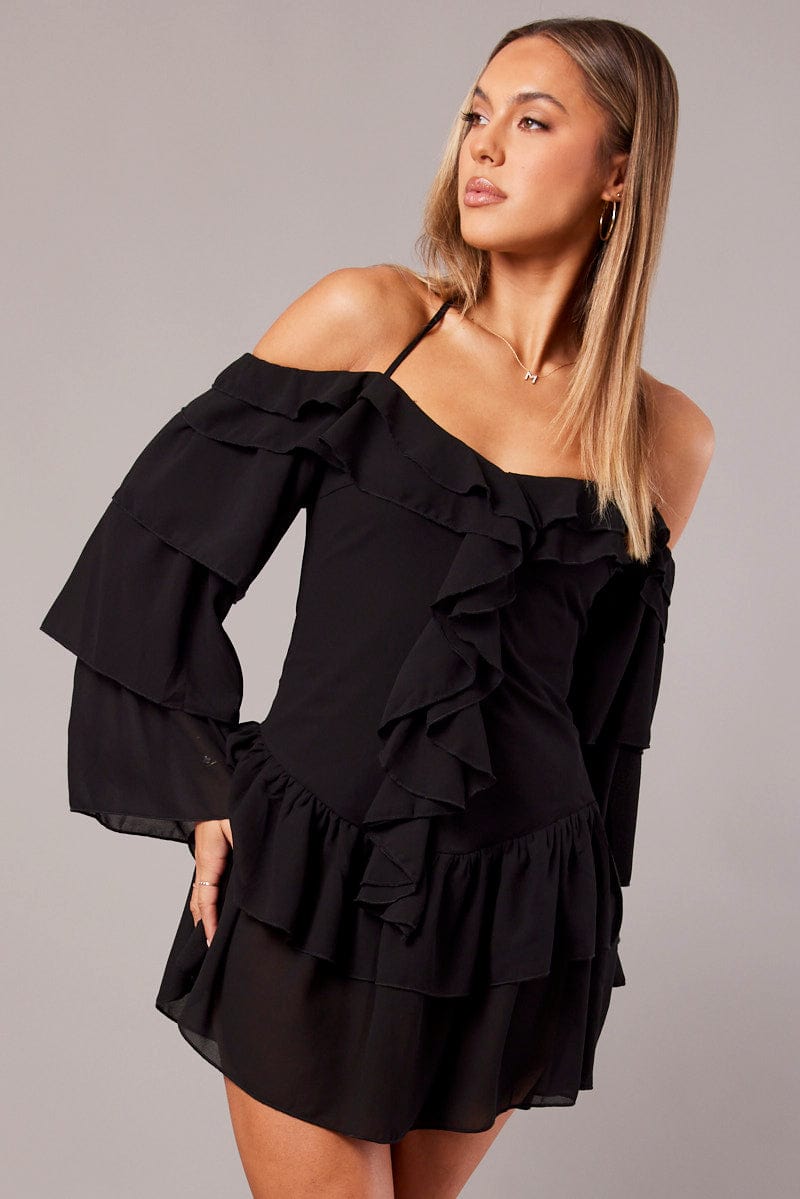 Black Ruffle Dress Bardot Layered Frill Sleeve Dress for Ally Fashion