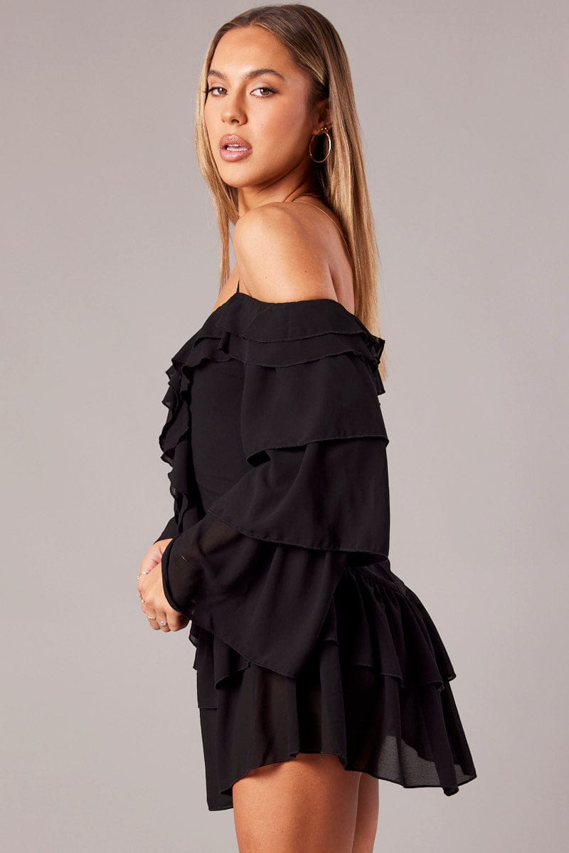 Black Ruffle Dress Bardot Layered Frill Sleeve Dress for Ally Fashion