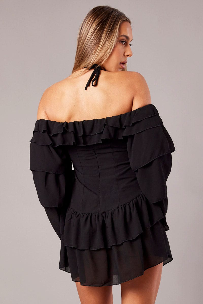 Black Ruffle Dress Bardot Layered Frill Sleeve Dress | Ally Fashion Black Ruffle Dress Bardot Layered Frill Sleeve Dress | Ally Fashion