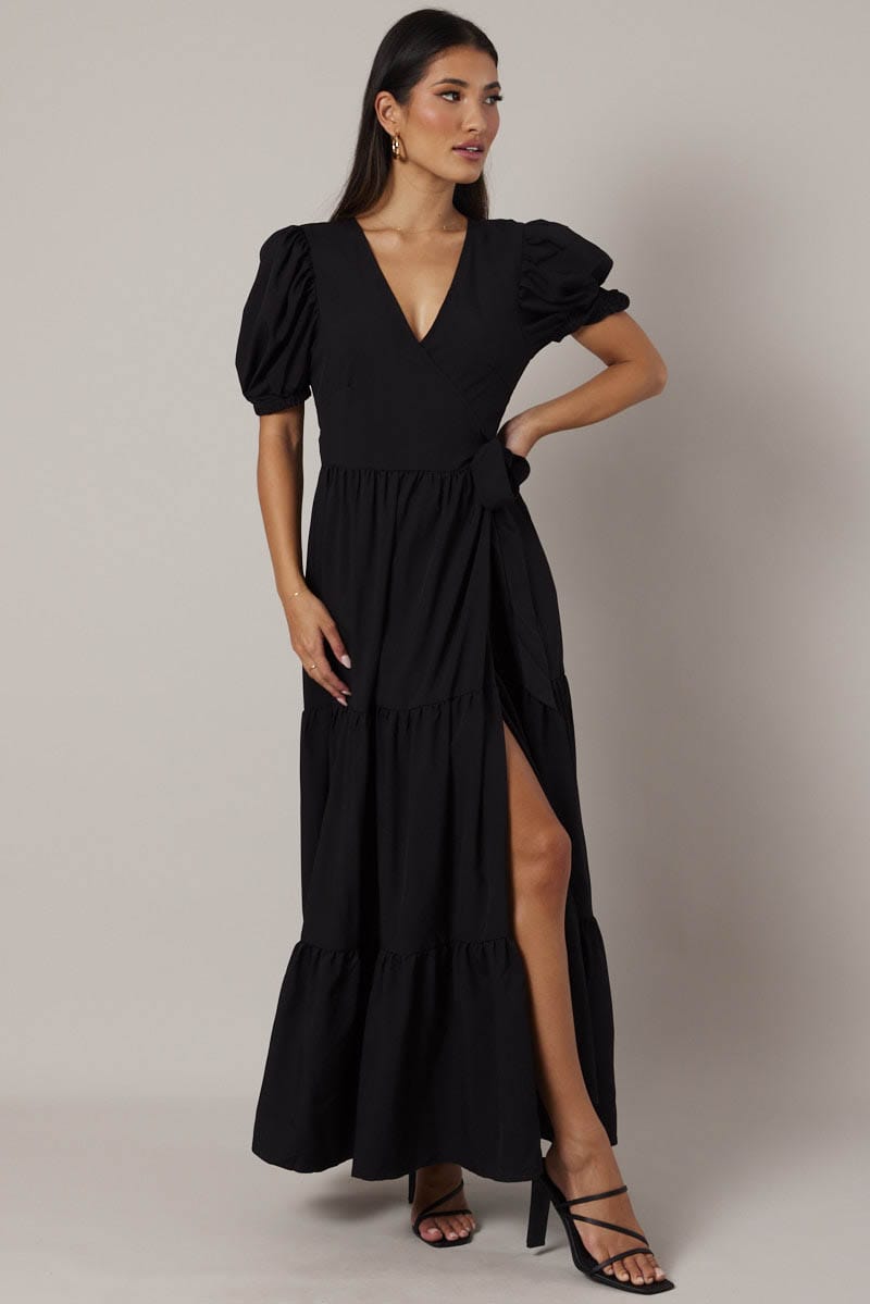 Black Puff Sleeve Maxi Dress Wrap Tiered Dress for Ally Fashion