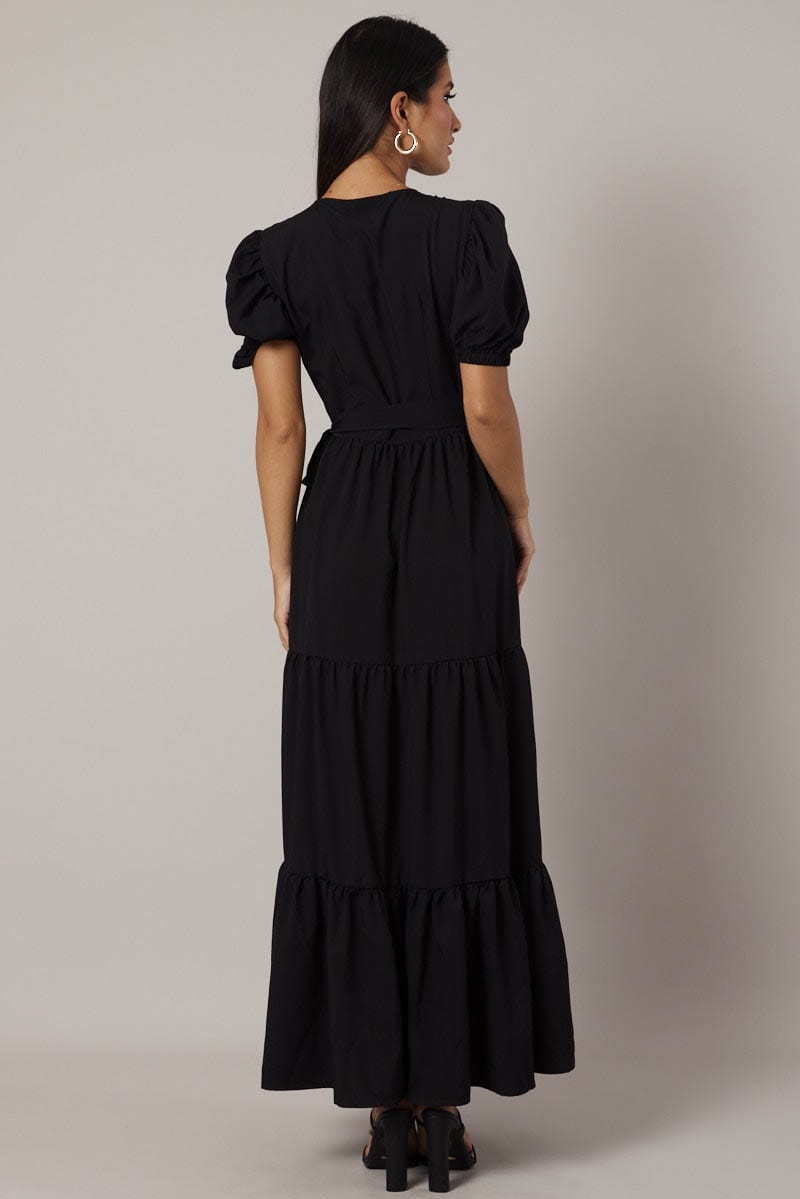 Black Puff Sleeve Maxi Dress Wrap Tiered Dress for Ally Fashion