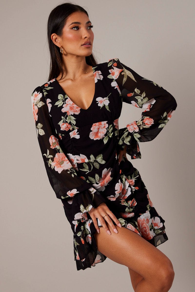 Black Floral Ruffle Dress Long Sleeve Flared Cuff Mini Dress for Ally Fashion