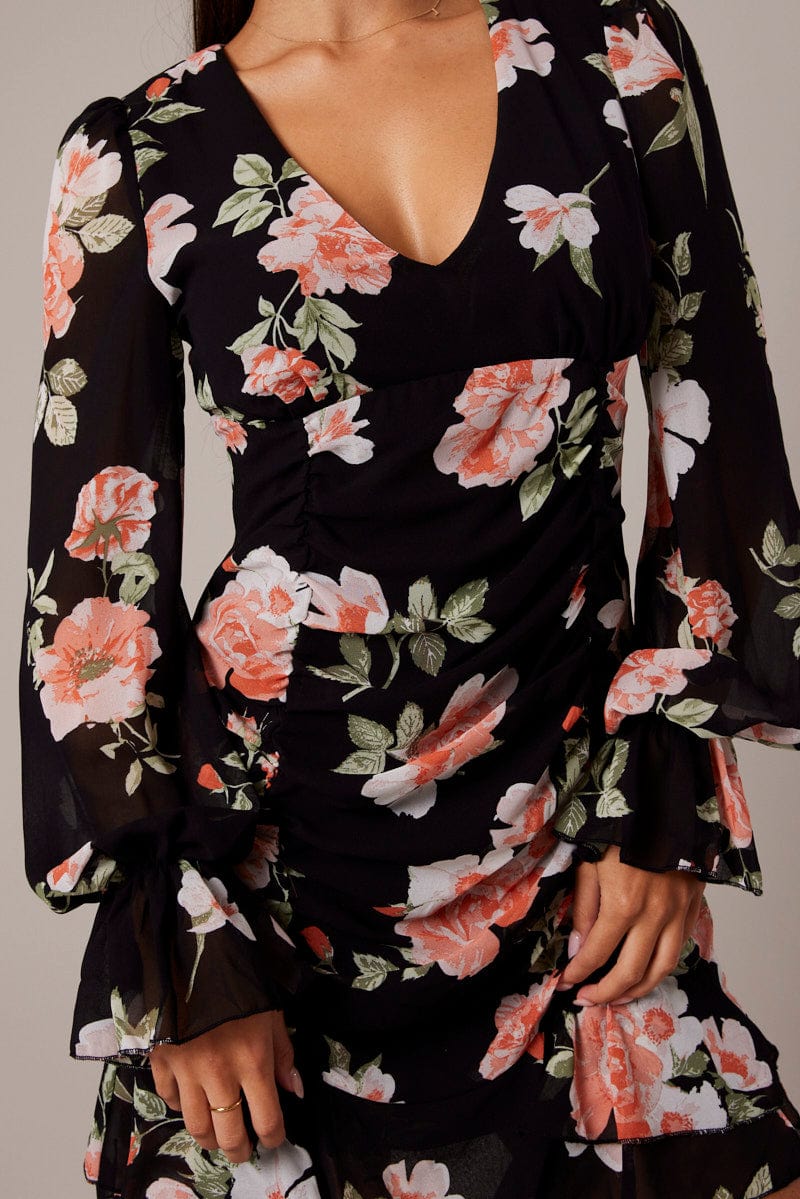 Black Floral Ruffle Dress Long Sleeve Flared Cuff Mini Dress for Ally Fashion