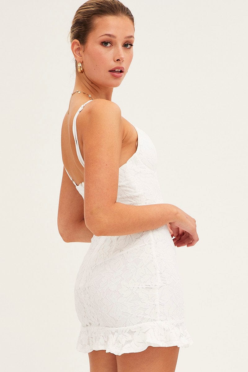 White Bodycon Dress Sleeveless Mini V-Neck Lace for Ally Fashion