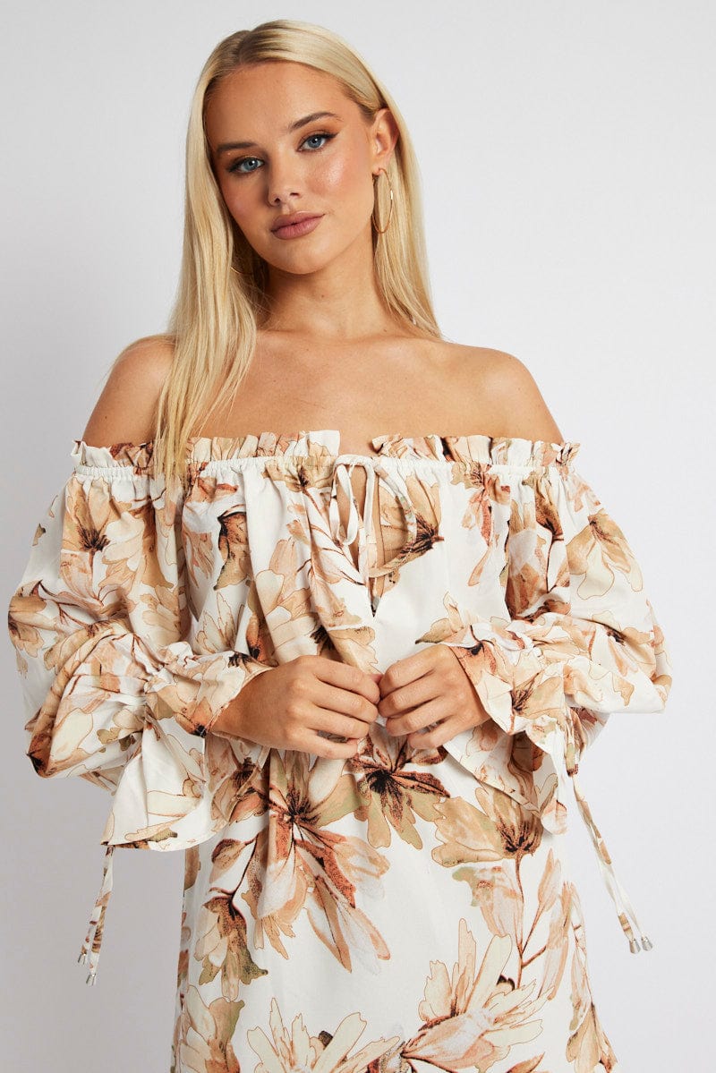 White Floral Off Shoulder Dress Balloon Sleeve Skater Dress for Ally Fashion