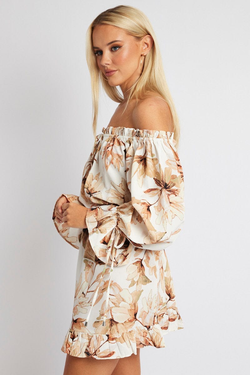 White Floral Off Shoulder Dress Balloon Sleeve Skater Dress White Floral Off Shoulder Dress Balloon Sleeve Skater Dress