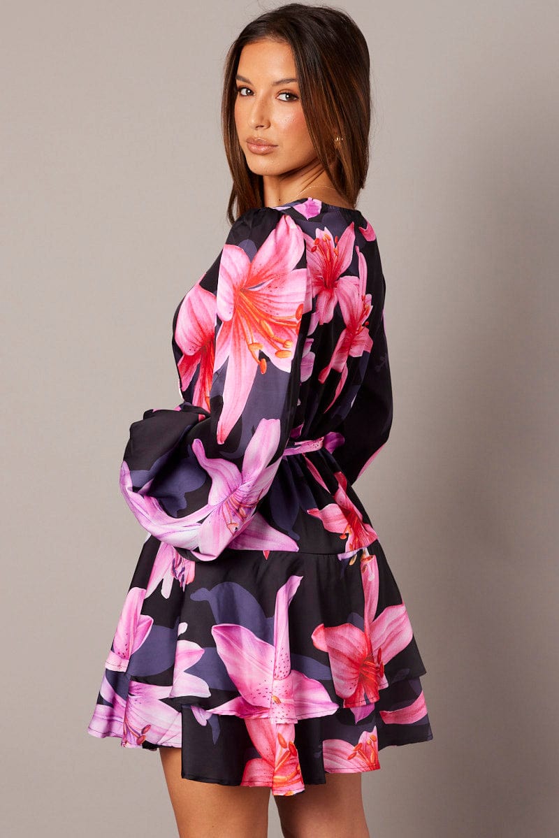 Black Floral Wrap Dress Balloon Sleeve Floaty Skater Dress for Ally Fashion