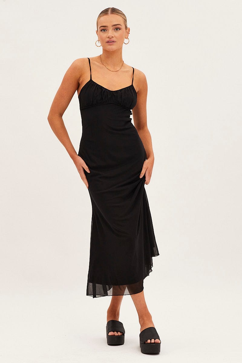 Black Maxi Dress Sleeveless Gathering Bust Mesh for Ally Fashion