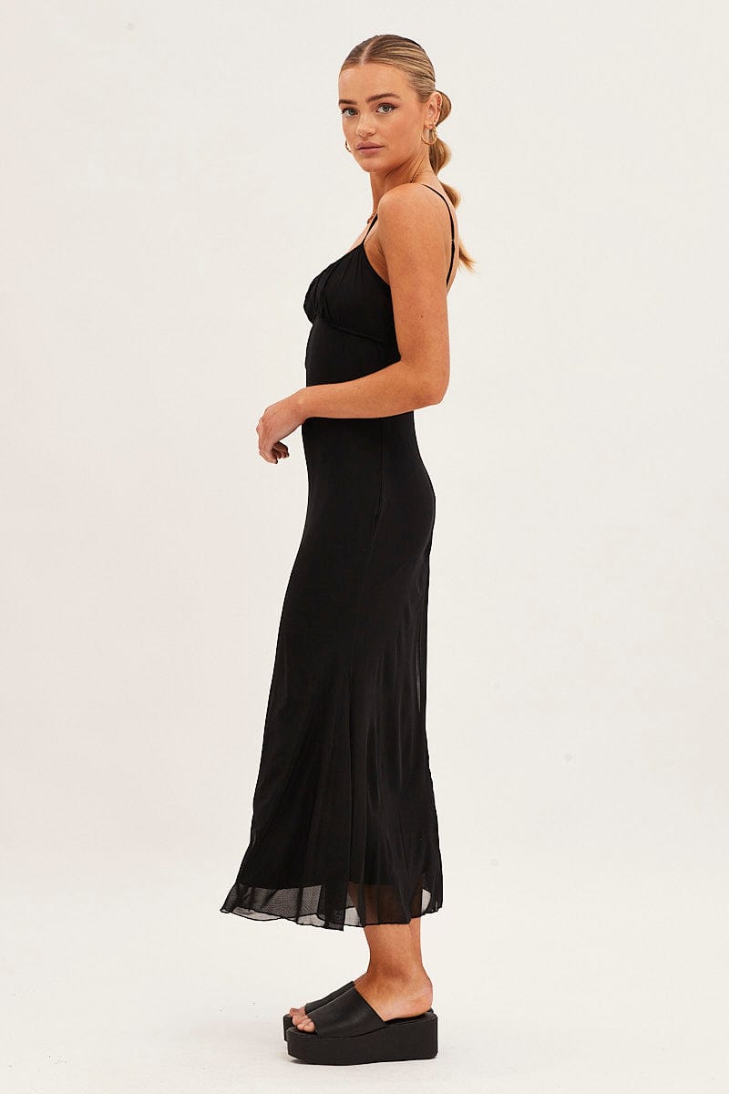 Black Maxi Dress Sleeveless Gathering Bust Mesh for Ally Fashion