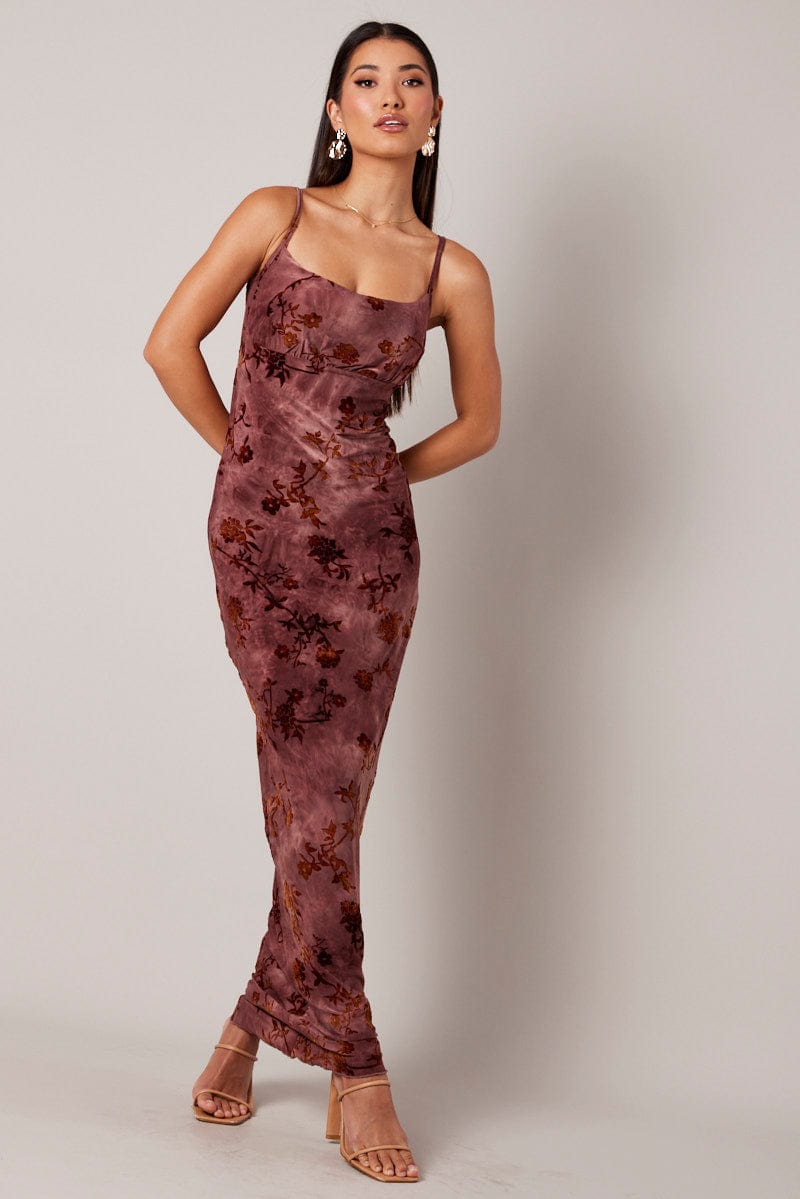Brown Floral Slip Dress Cowl Neck Maxi Velvet Devore Dress for Ally Fashion