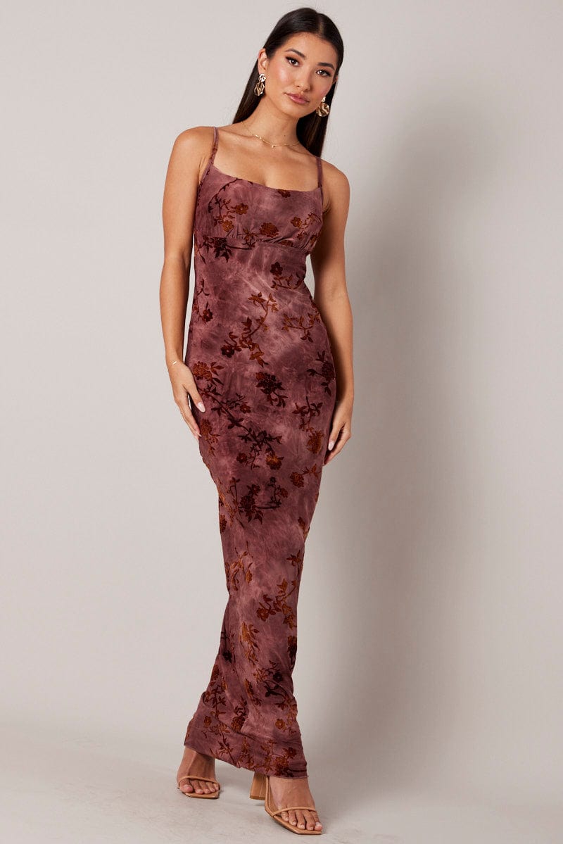 Brown Floral Slip Dress Cowl Neck Maxi Velvet Devore Dress for Ally Fashion