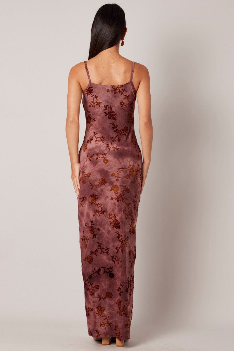 Brown Floral Slip Dress Cowl Neck Maxi Velvet Devore Dress for Ally Fashion