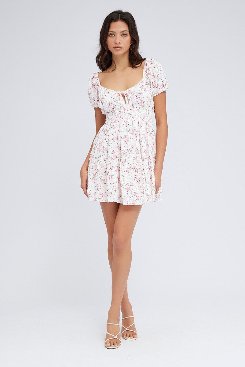 Pink Floral Fit And Flare Dress Puff Sleeve Mini for Ally Fashion