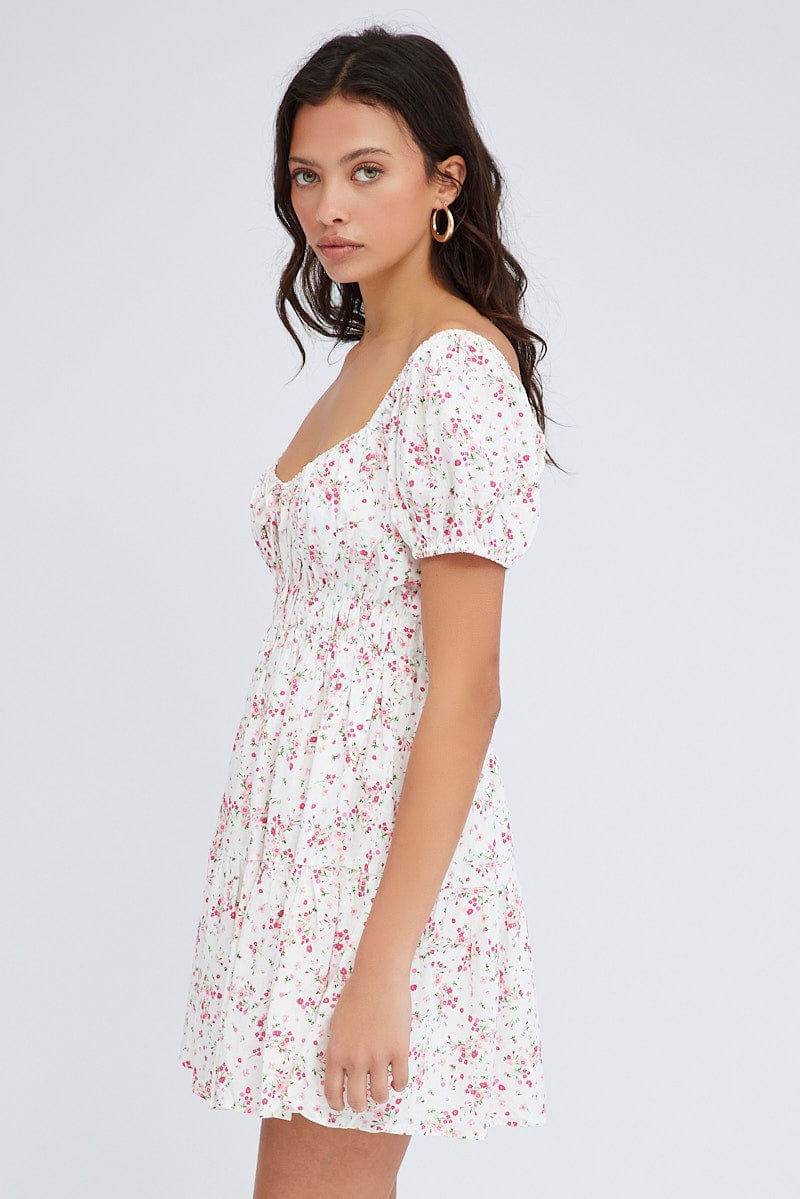 Pink Floral Fit And Flare Dress Puff Sleeve Mini for Ally Fashion