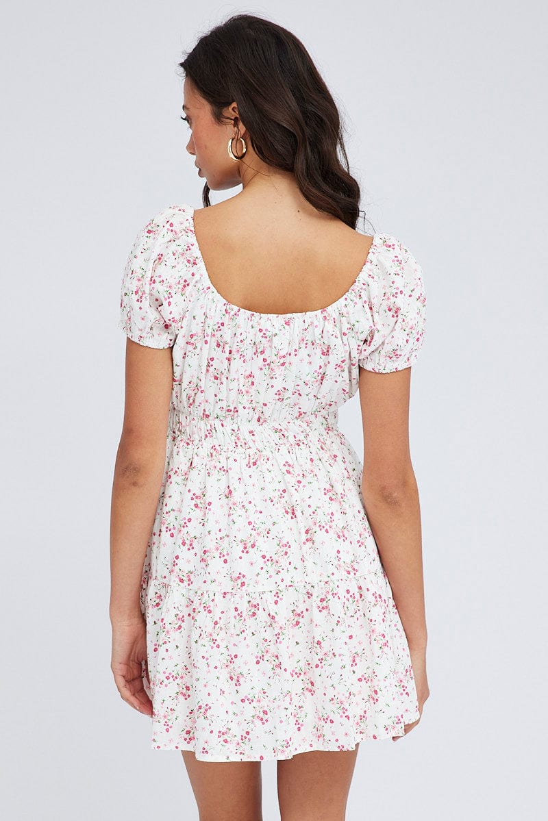 Pink Floral Fit And Flare Dress Puff Sleeve Mini for Ally Fashion