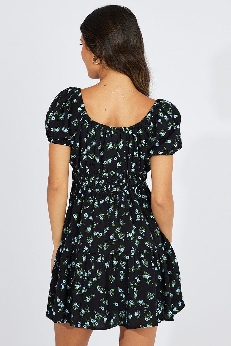 Black Floral Fit And Flare Dress Puff Sleeve Mini for Ally Fashion