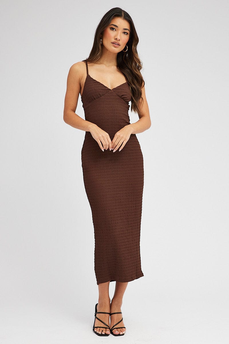 Brown Midi Dress Sleeveless Textured Fabric for Ally Fashion