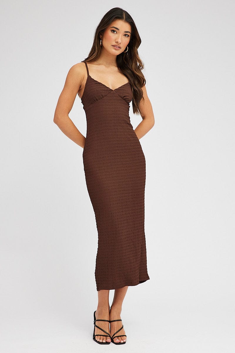 Brown Midi Dress Sleeveless Textured Fabric for Ally Fashion