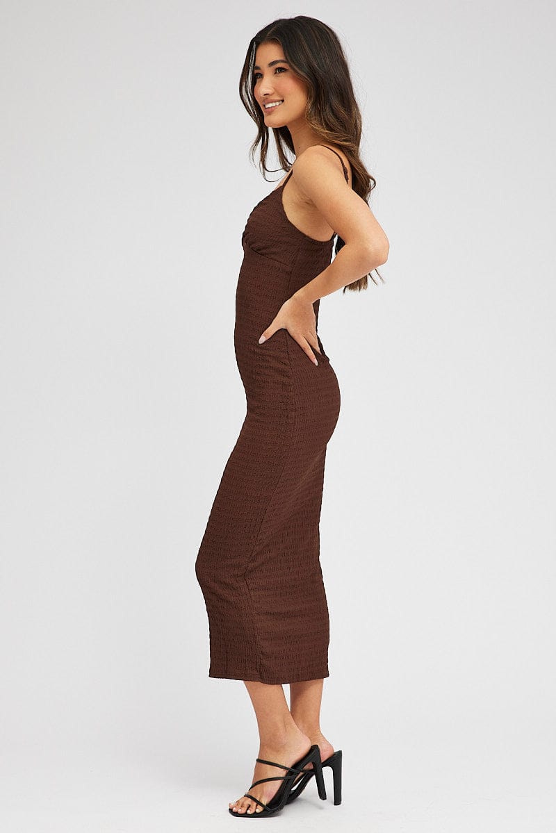 Brown Midi Dress Sleeveless Textured Fabric for Ally Fashion