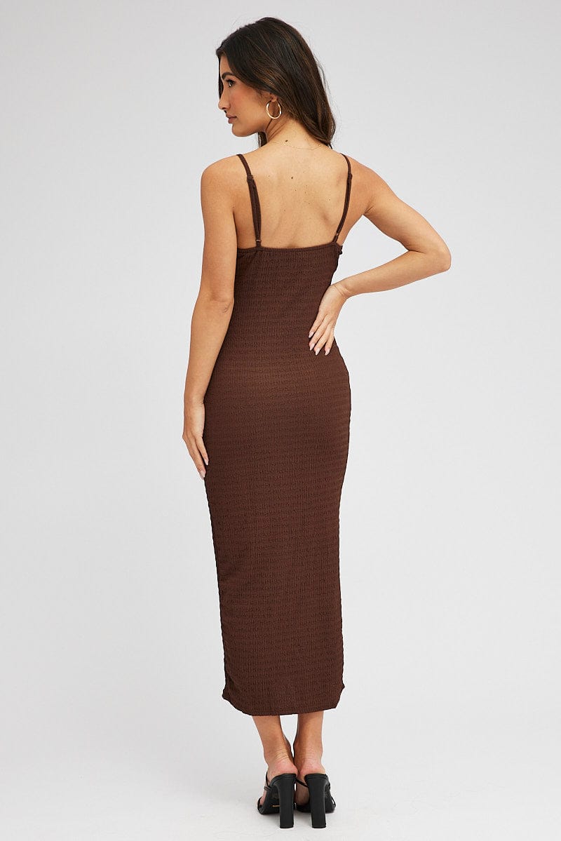 Brown Midi Dress Sleeveless Textured Fabric for Ally Fashion