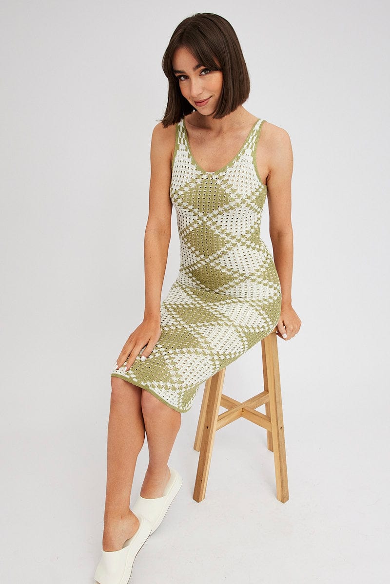 Green Check Knit Dress Midi for Ally Fashion