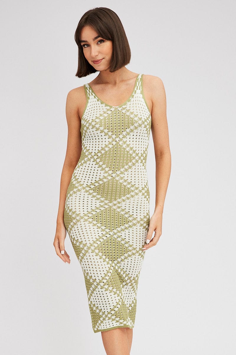 Green Check Knit Dress Midi for Ally Fashion