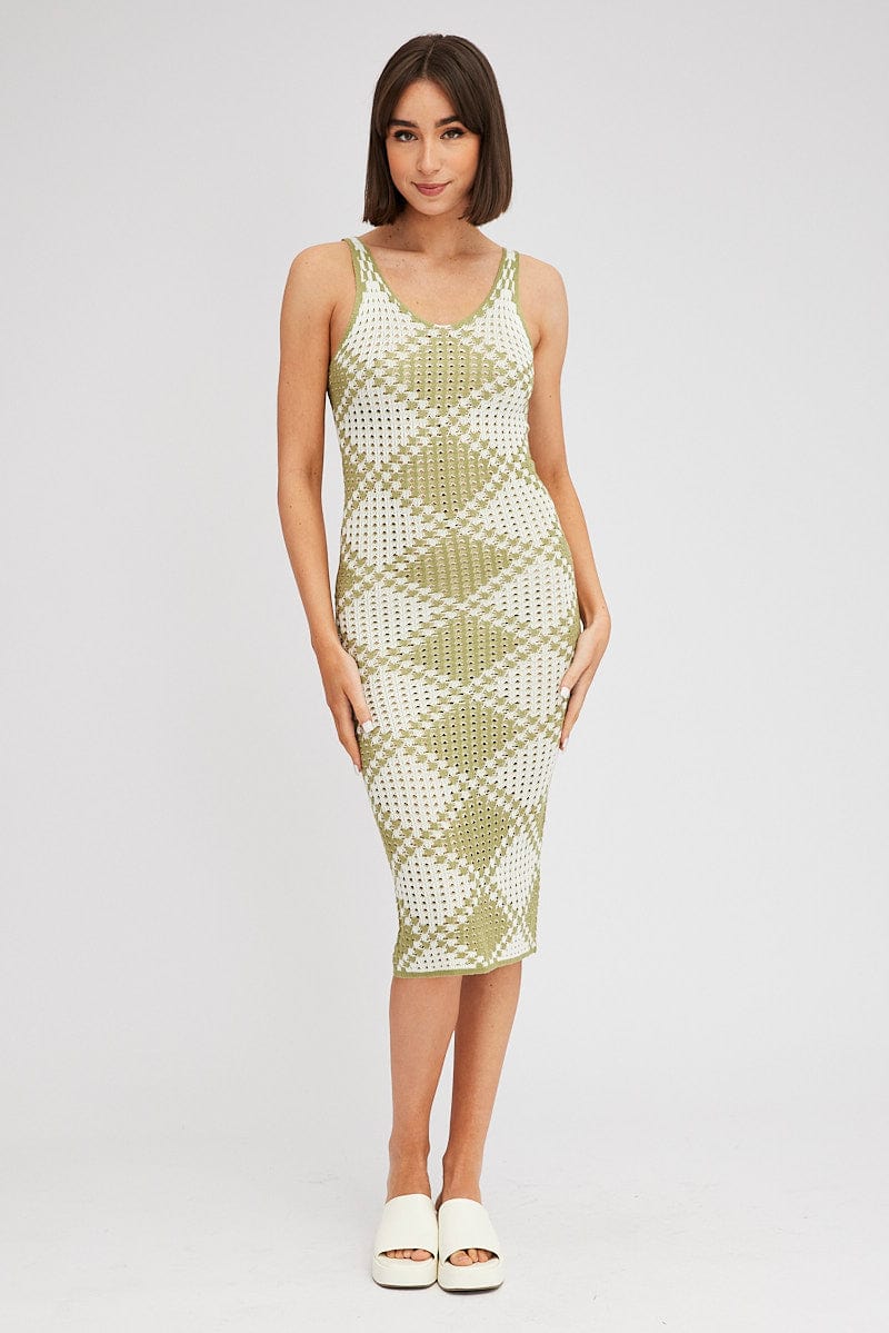 Green Check Knit Dress Midi for Ally Fashion