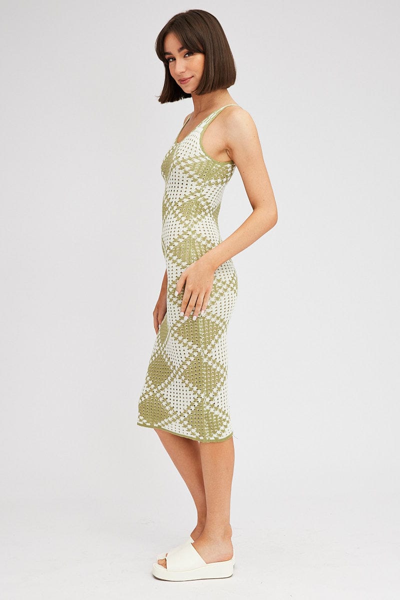 Green Check Knit Dress Midi for Ally Fashion