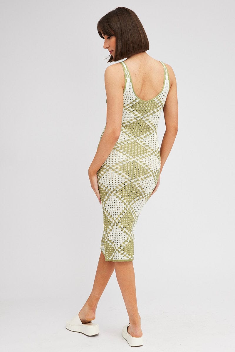 Green Check Knit Dress Midi for Ally Fashion