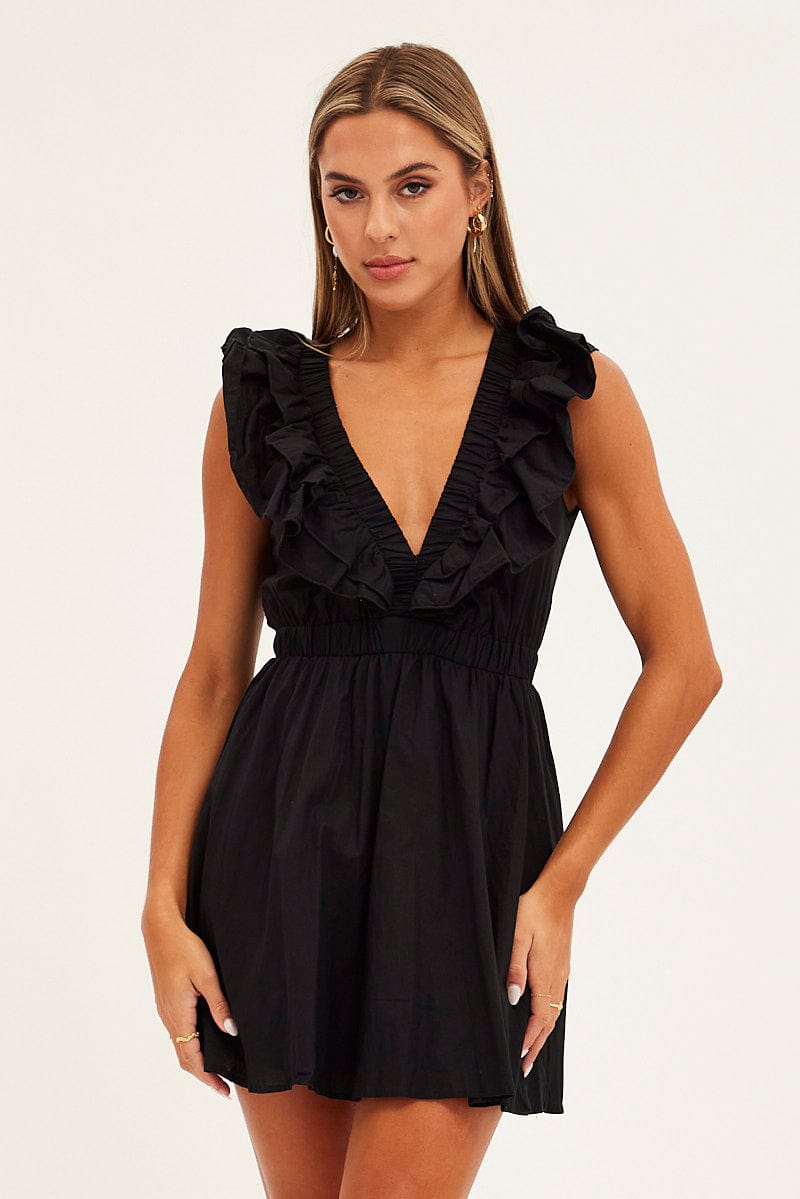 BLACK Fit And Flare Dress Sleeveless Deep V Frill Mini for Ally Fashion