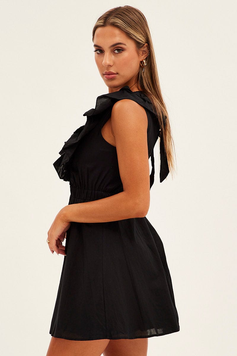 BLACK Fit And Flare Dress Sleeveless Deep V Frill Mini for Ally Fashion