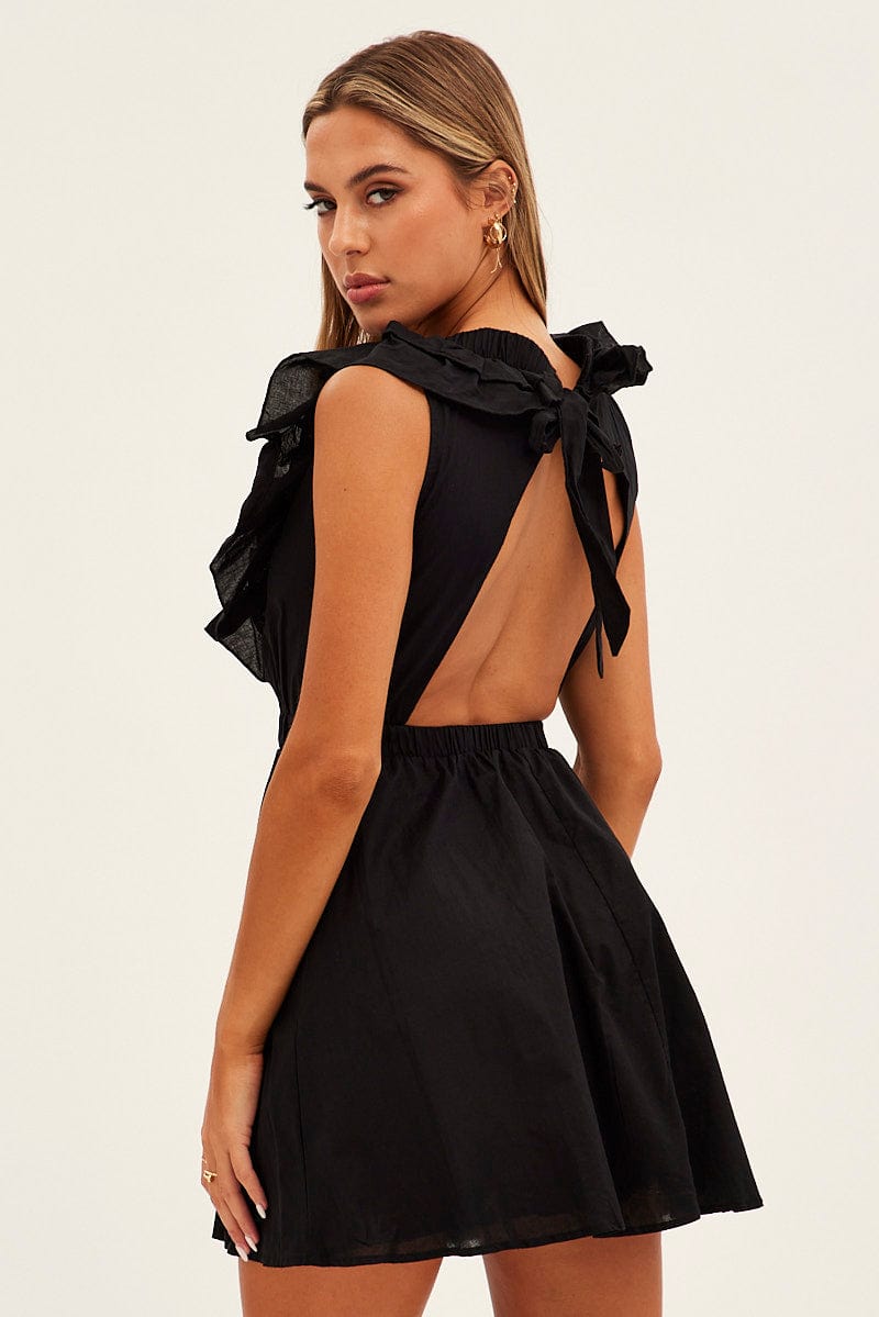 BLACK Fit And Flare Dress Sleeveless Deep V Frill Mini for Ally Fashion