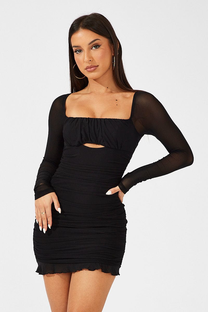 Black Bodycon Dress Ruched Mesh | Ally Fashion