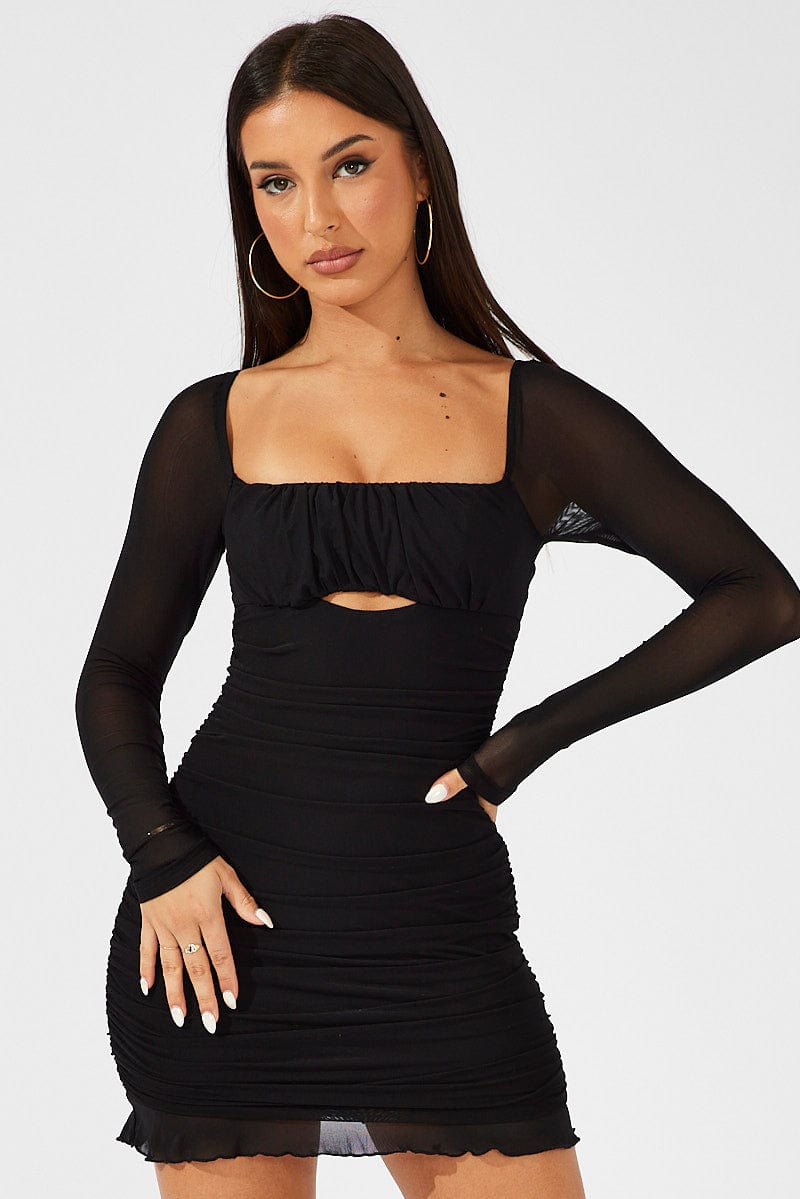 Black Bodycon Dress Ruched Mesh for Ally Fashion