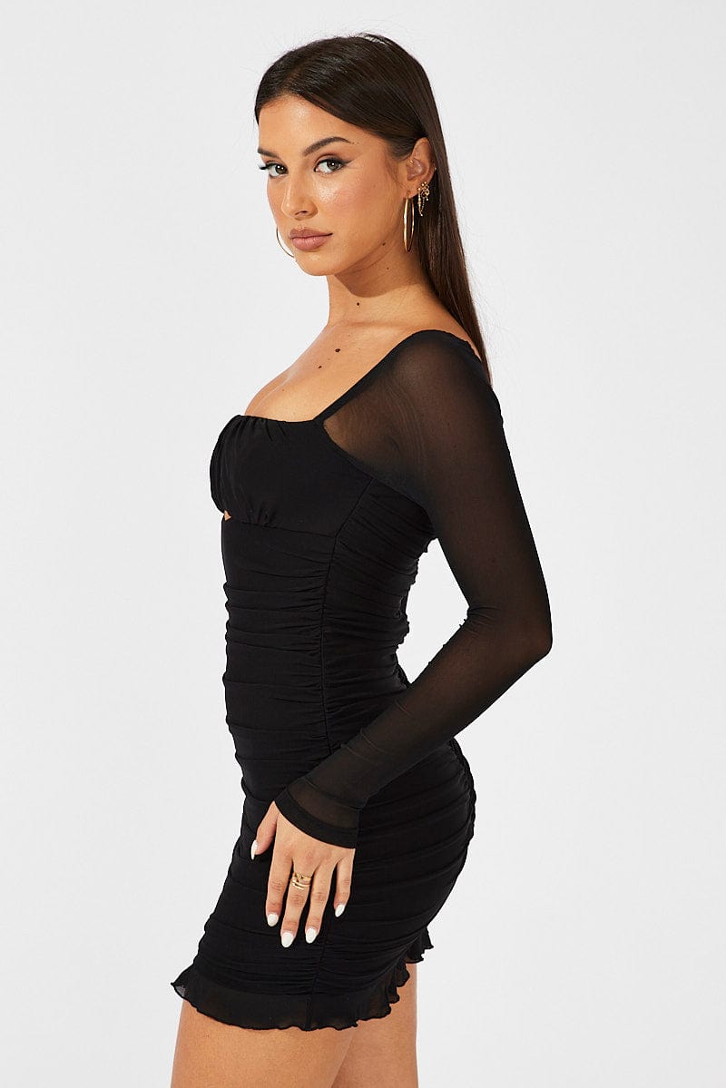 Black Bodycon Dress Ruched Mesh for Ally Fashion