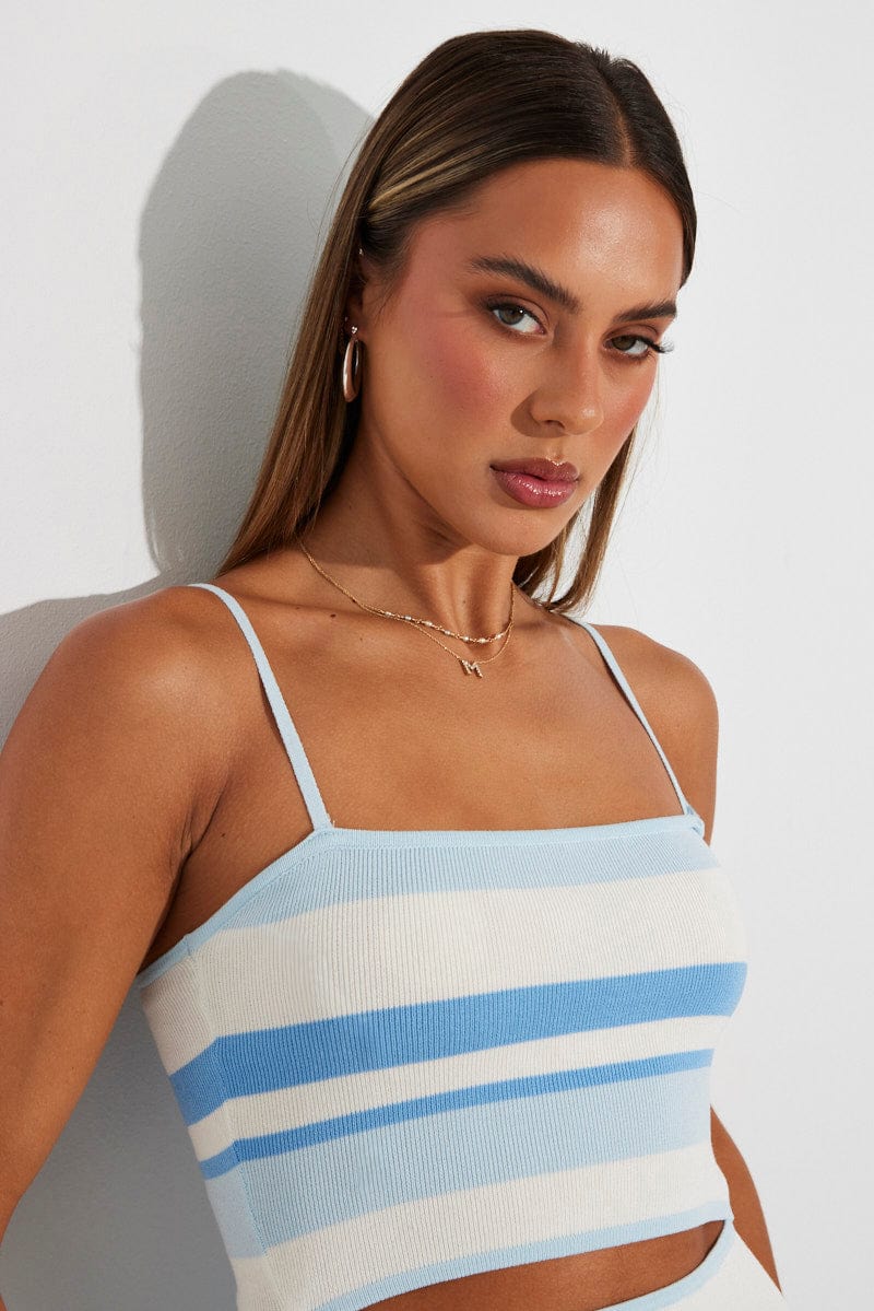 Blue Stripe Knit Dress Midi Sleeveless for Ally Fashion