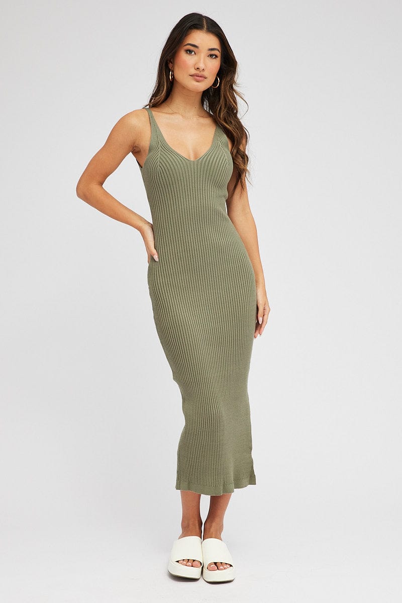 Green Knit Dress Sleeveless Midi for Ally Fashion