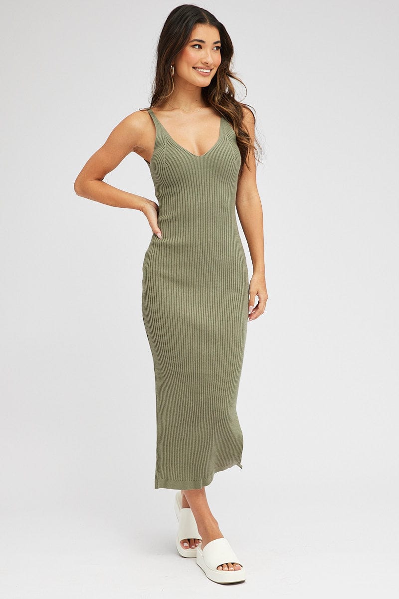 Green Knit Dress Sleeveless Midi for Ally Fashion