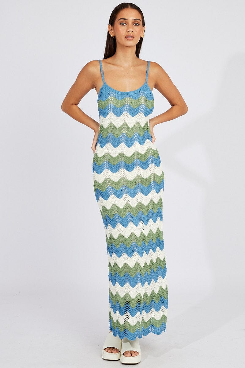 Green Stripe Knit Dress Maxi Strappy for Ally Fashion