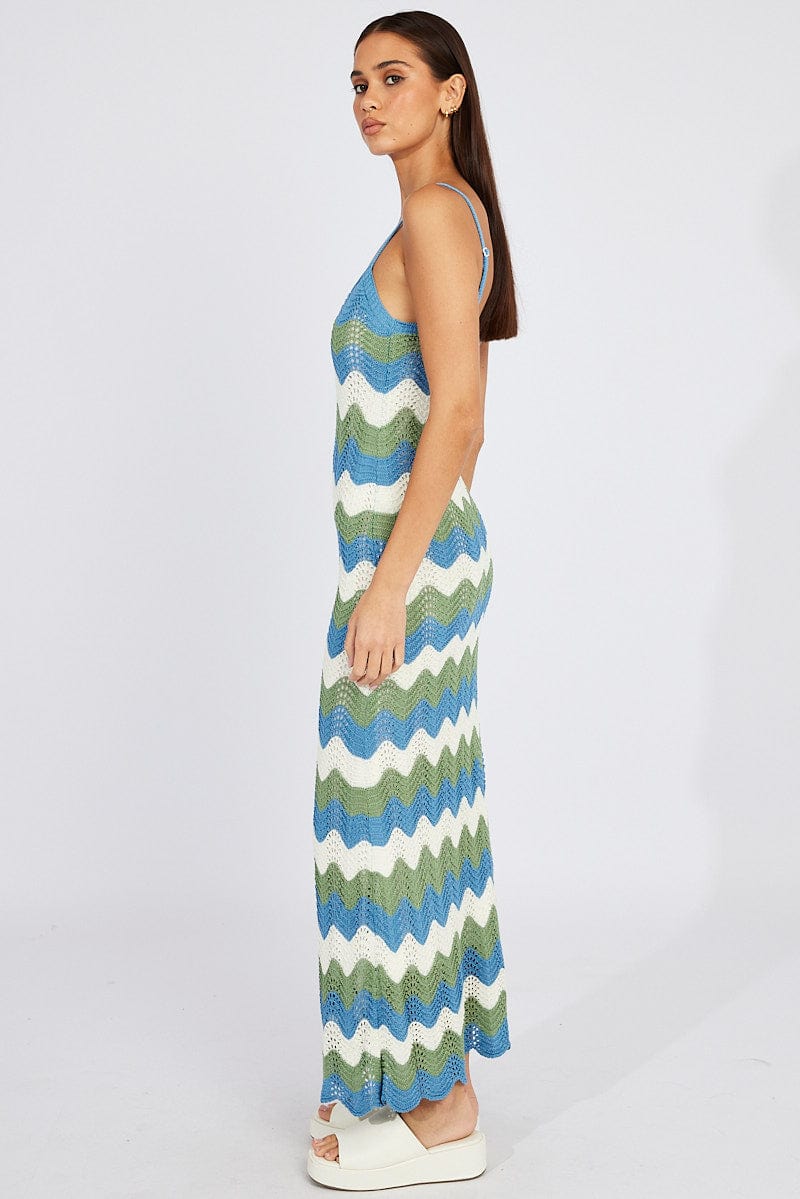 Green Stripe Knit Dress Maxi Strappy for Ally Fashion