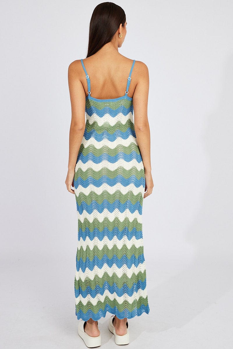 Green Stripe Knit Dress Maxi Strappy for Ally Fashion