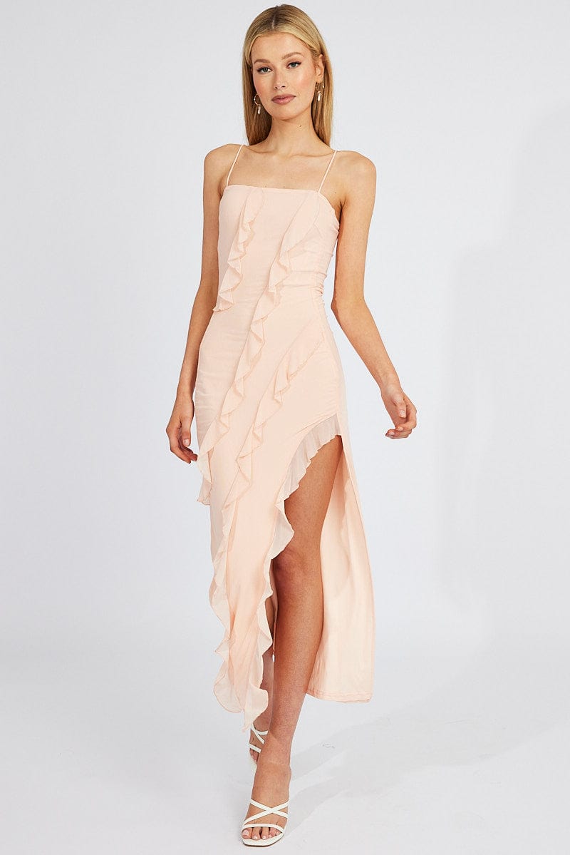 Pink Maxi Dress Frilled Mesh for Ally Fashion