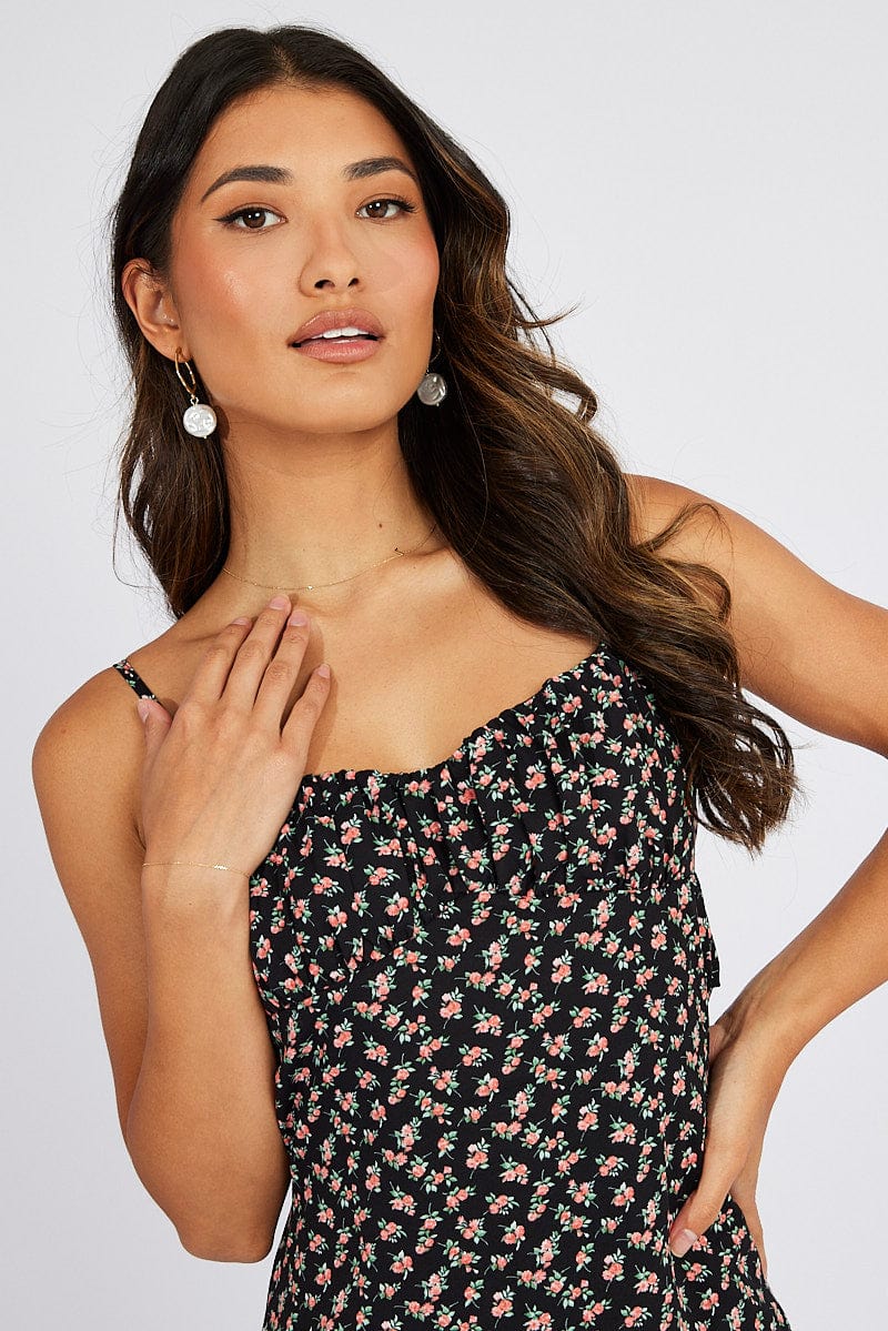 Black Floral Maxi Dress Gathered Bust Strappy for Ally Fashion