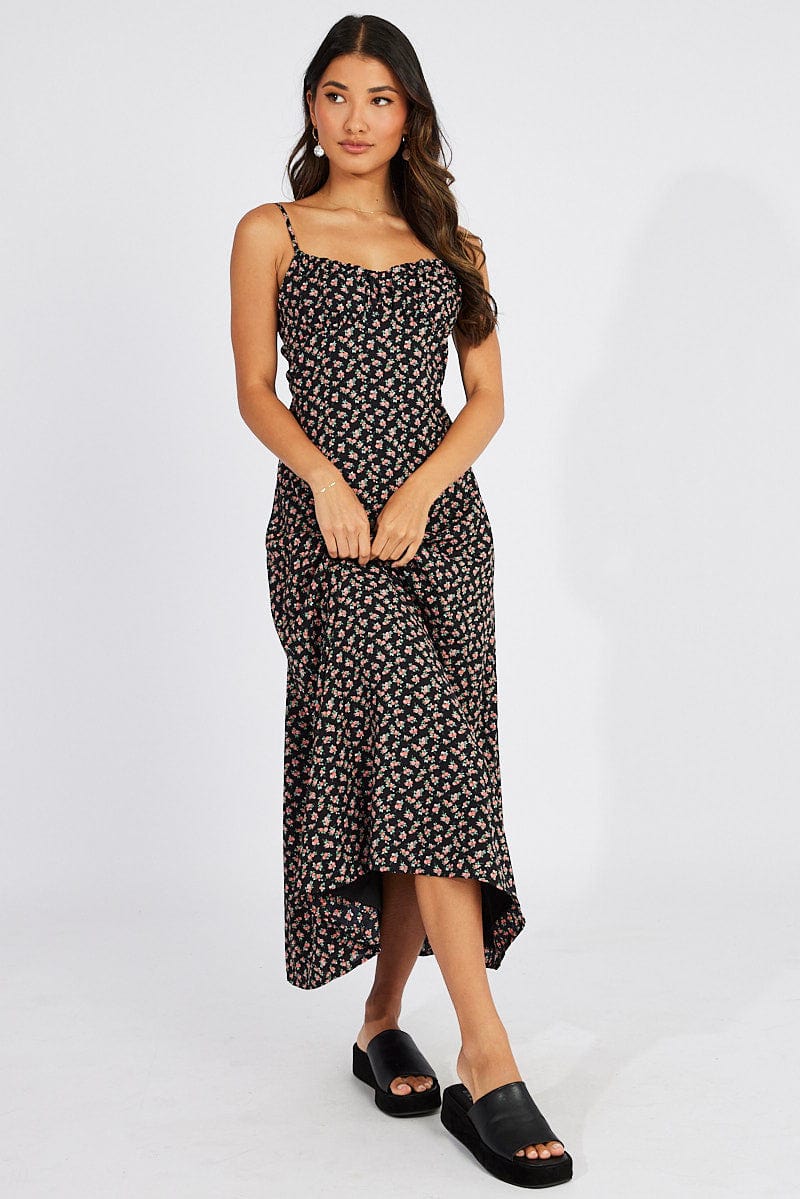 Black Floral Maxi Dress Gathered Bust Strappy for Ally Fashion