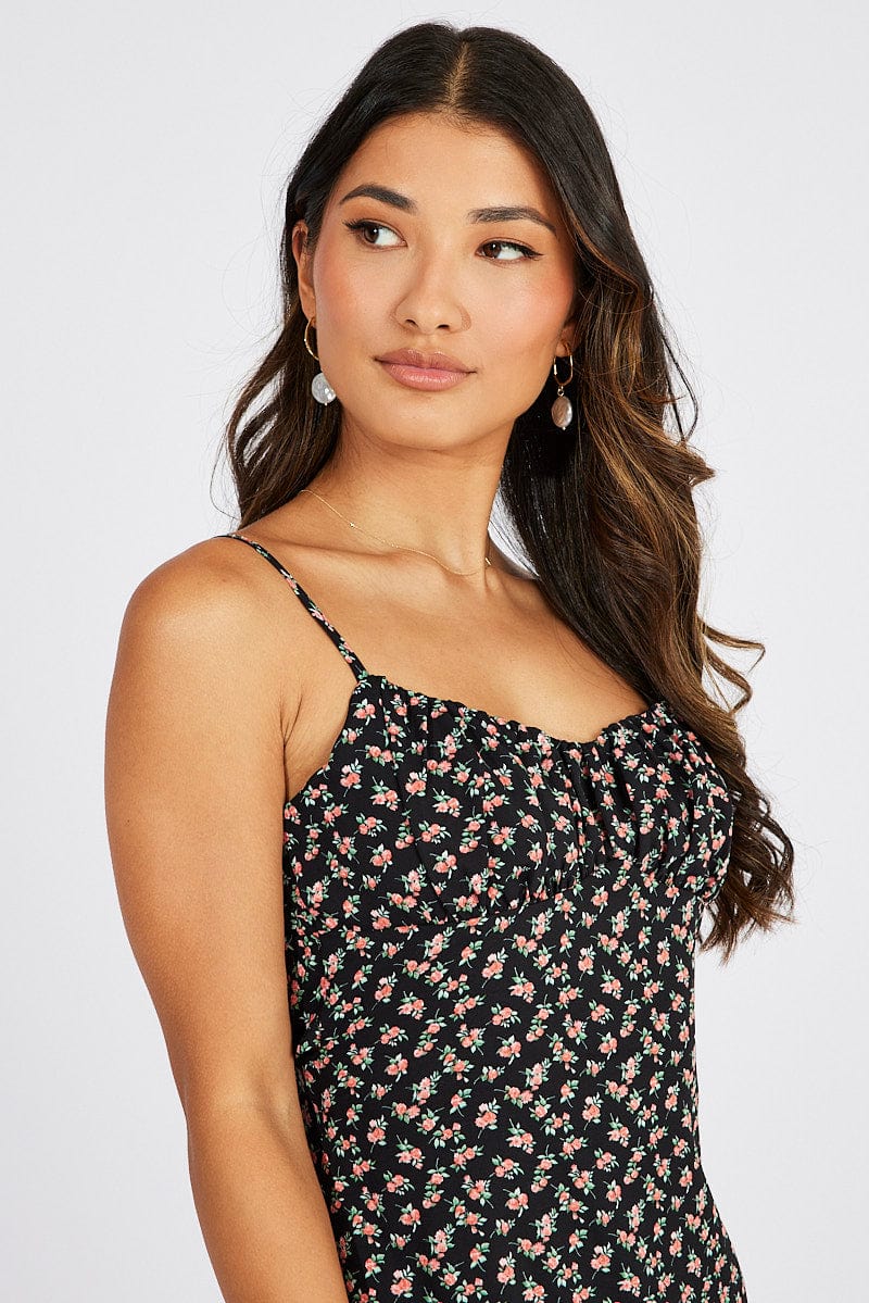 Black Floral Maxi Dress Gathered Bust Strappy for Ally Fashion