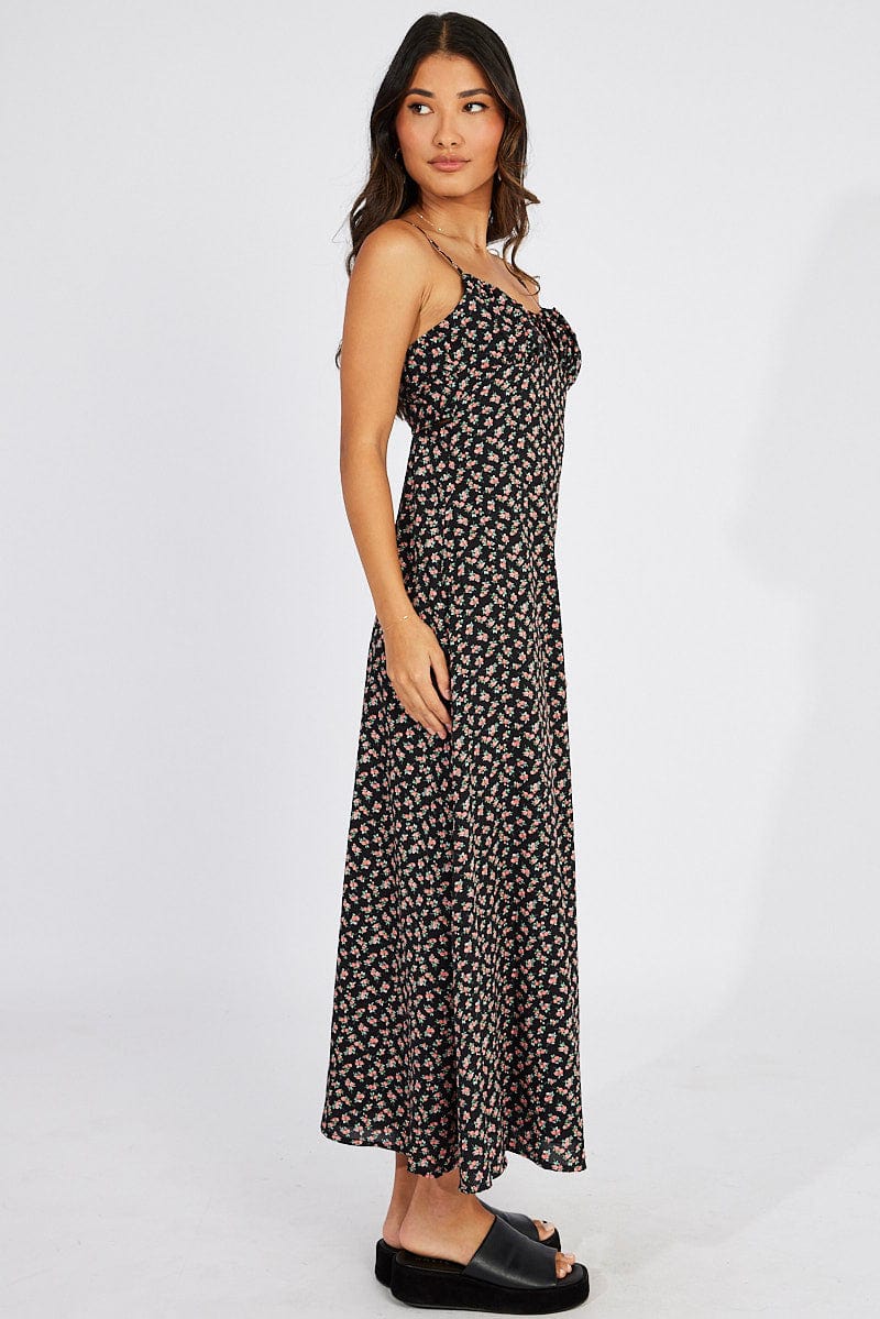 Black Floral Maxi Dress Gathered Bust Strappy for Ally Fashion