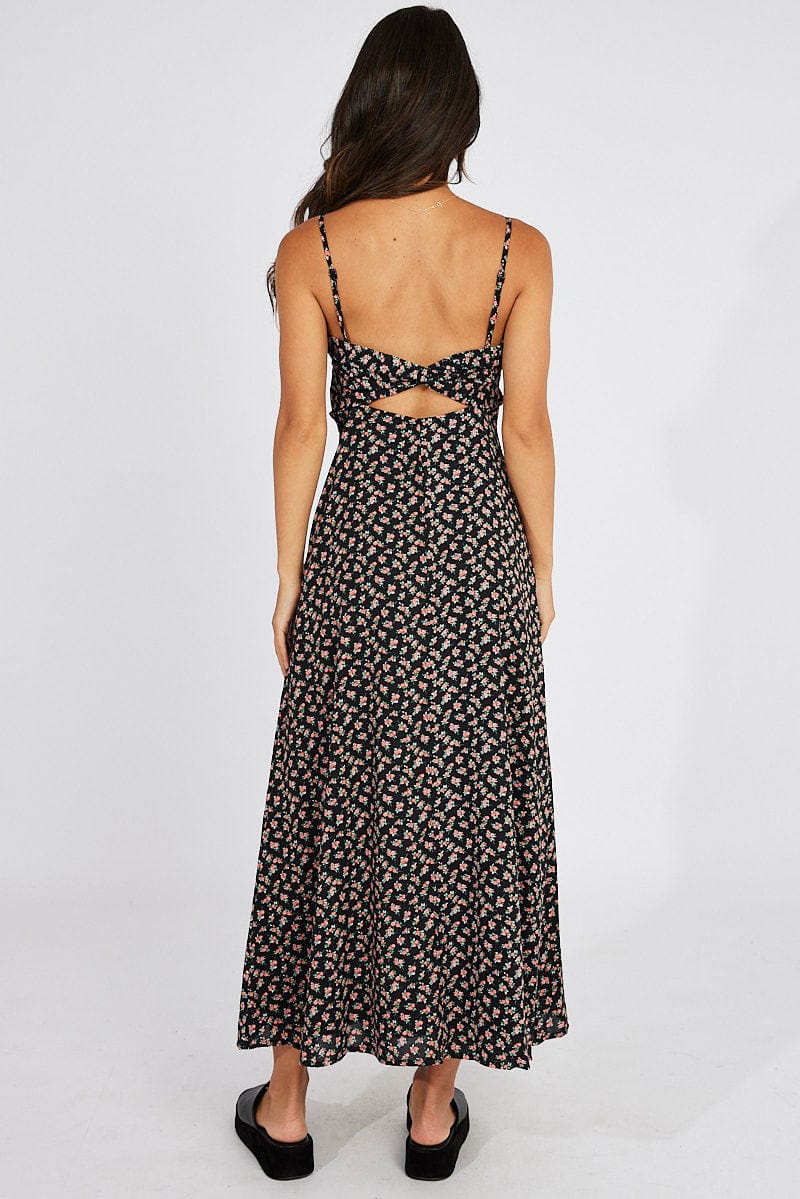 Black Floral Maxi Dress Gathered Bust Strappy for Ally Fashion