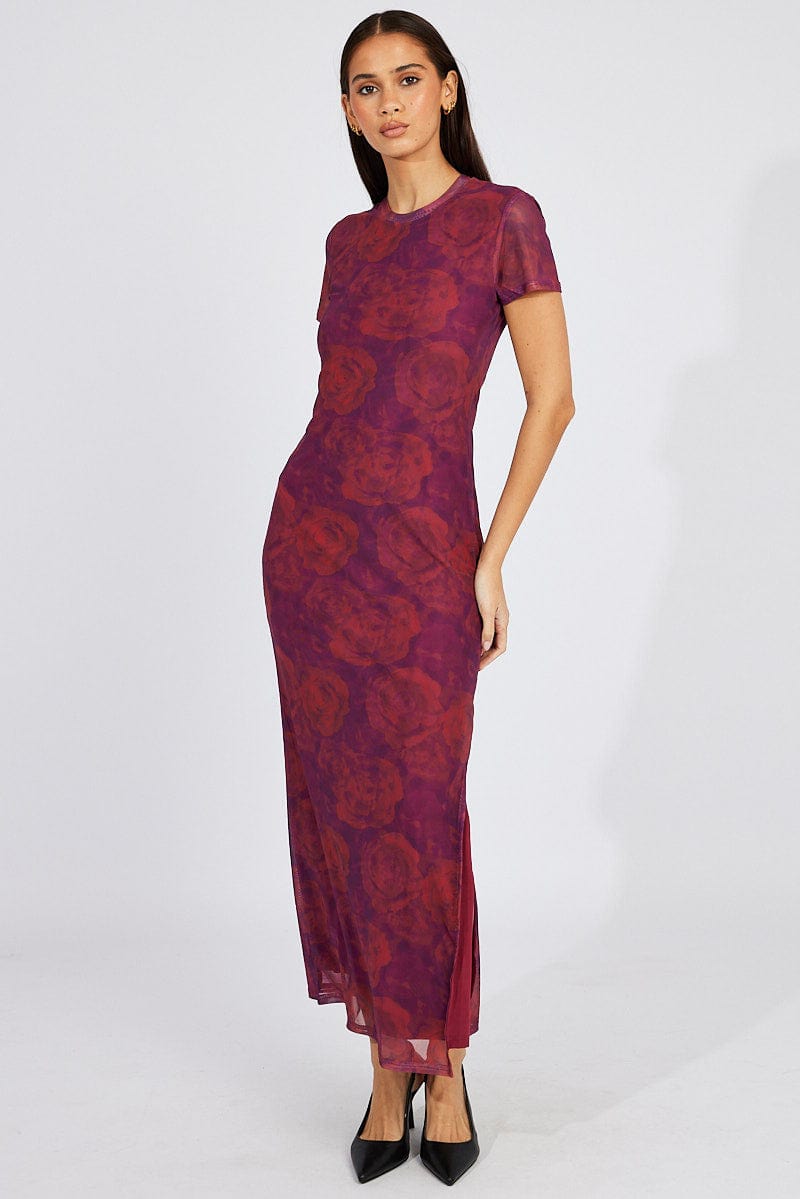 burgundy floral print mesh short sleeve maxi dress Red Floral Maxi Dress Short Sleeve Crew Neck Bodycon Mesh