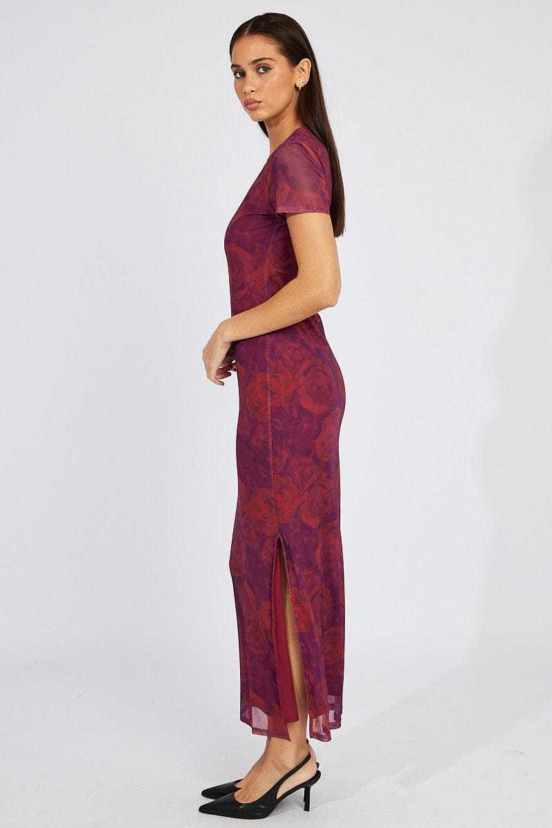 Red Floral Maxi Dress Short Sleeve Crew Neck Bodycon Mesh | Ally Fashion Red Floral Maxi Dress Short Sleeve Crew Neck Bodycon Mesh | Ally Fashion